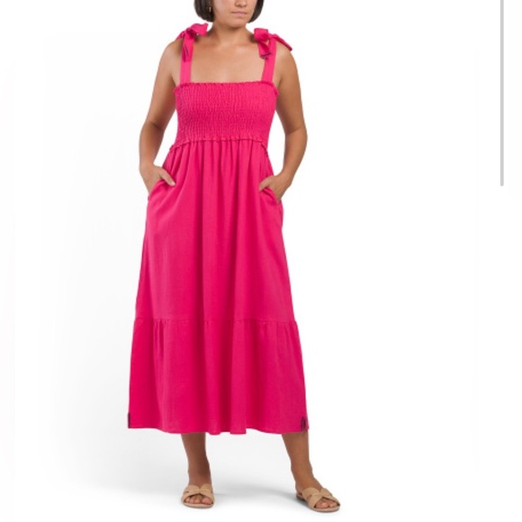 Caryn Lawn Linen Blend Lily Dress Pink Midi Smocked Bodice Bow Straps One Size - Picture 1 of 2